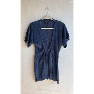 52 Weekends Blue Ramie Blend Tie-Front Pointelle Knit Cardigan Medium